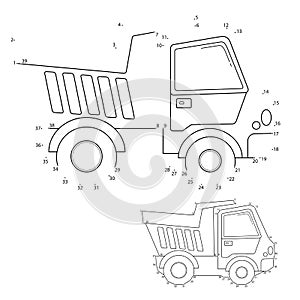 Puzzle Game for kids: numbers game. Lorry or dump truck. Construction vehicles. Coloring book for kids