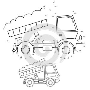 Puzzle Game for kids: numbers game. Lorry or dump truck. Construction vehicles. Coloring book for kids