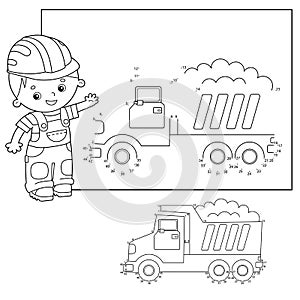Puzzle Game for kids: numbers game. Lorry or dump truck. Construction vehicles. Coloring book for kids
