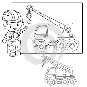 Puzzle Game for kids: numbers game. Truck crane. Construction vehicles. Coloring book for kids