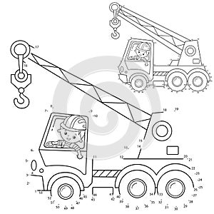 Puzzle Game for kids: numbers game. Truck crane. Construction vehicles. Coloring book for kids