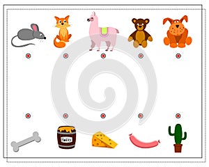 A puzzle game for kids. Where is whose food. Choose the right food for the cartoon animals. Mouse cat llama bear dog