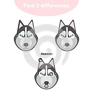 Puzzle game for preschool children. Find 3 differences. With the answer. dog husky