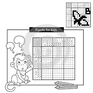 Puzzle Game for school Children. Banana. Black and white japanese crossword with answer. Coloring book for kids