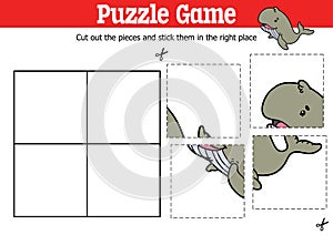 Puzzle game to cut and stick pieces with cartoon whale character