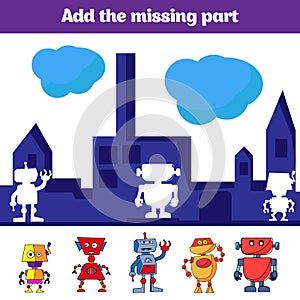 Puzzle game. Visual Educational Game for children. Task: find the missing parts. Worksheet for preschool kids