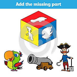 Puzzle game. Visual Educational Game for children Task: find the missing parts. Worksheet for preschool kids. Vector illustration