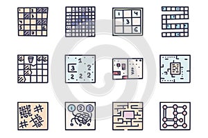 Puzzle games color vector doodle simple icon set photo