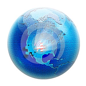 Puzzle on globe with flag USA inside