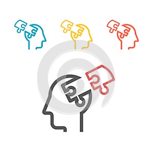 Puzzle heads silhouettes symbolizing Psychology, psychological problems. Line icons. Vector sign for web graphics