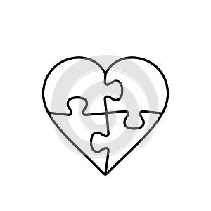 Puzzle Heart four piece line illustration, vector outline object isolated on white background