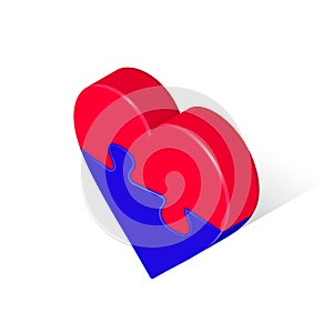 Puzzle Heart Isometric Two Red Blue Piece. Vector 3d Illustration Isolated on White Background. Valentine`s Day Love icon