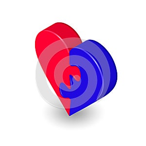 Puzzle Heart Isometric Two Red Blue Piece. Vector 3d Illustration Isolated on White. Valentine`s Day Love icon