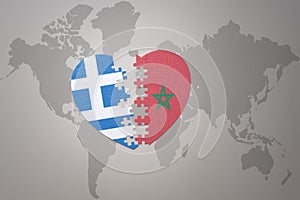 puzzle heart with the national flag of morocco and greece on a world map background.Concept