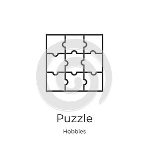 puzzle icon vector from hobbies collection. Thin line puzzle outline icon vector illustration. Outline, thin line puzzle icon for