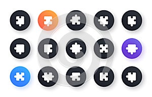 Puzzle icons. Jigsaw Challenge, Strategy, Puzzle pieces icons. Fun solution, Solve problem. Vector
