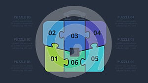 Puzzle infographic with 6 elements, presentations, vector illustration. Template for web on a black background.