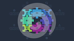 Puzzle infographic with 8 elements, presentations, vector illustration. Template for web on a black background.