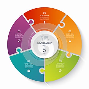 Puzzle infographic circle with 5 steps, options, pieces. Five-part cycle chart.