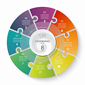 Puzzle infographic circle with 8 steps, options, pieces. Eight-part cycle chart. photo