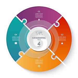 Puzzle infographic circle with 4 steps, options, pieces. Four-part cycle chart.