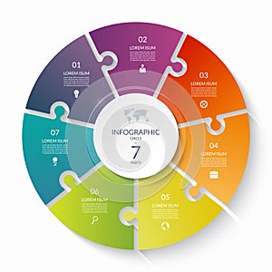 Puzzle infographic circle with 7 steps, options, pieces. Seven-part cycle chart. photo