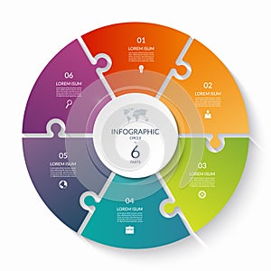 Puzzle infographic circle with 6 steps, options, pieces. Six-part cycle chart. photo