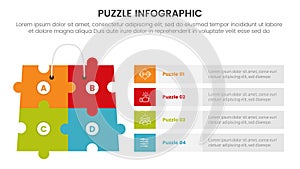 puzzle jigsaw infographic 4 point stage template with big box on left and long rectangle information content with description for