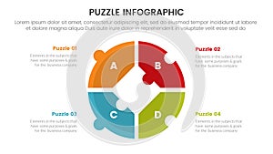 puzzle jigsaw infographic 4 point stage template with big outline circle on center with description for slide presentation