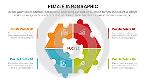 puzzle jigsaw infographic 4 point stage template with hexagon or hexagonal shape on center with description for slide presentation