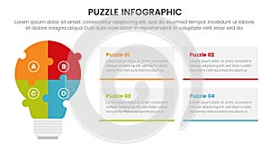 puzzle jigsaw infographic 4 point stage template with idea lamp shape for creativity with description for slide presentation