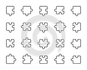 Puzzle line icons. Jigsaw Challenge, Strategy, Puzzle pieces icons. Fun solution, Solve problem. Vector