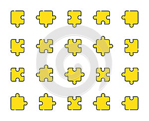 Puzzle line icons. Jigsaw Challenge, Strategy, Puzzle pieces icons. Fun solution, Solve problem. Vector