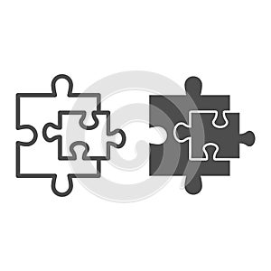 Puzzle line and solid icon. Two jigsaw pieces small and bigger. Social networking and communication vector design