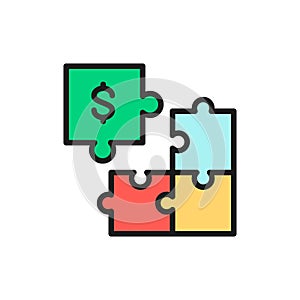 Puzzle money, investment flat color line icon. Isolated on white background