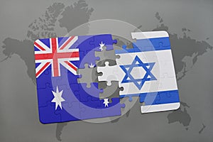 puzzle with the national flag of australia and israel on a world map background.