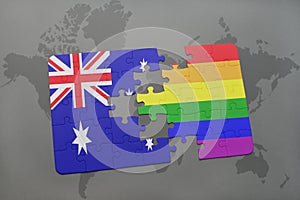 puzzle with the national flag of australia and rainbow gay flag on a world map background.