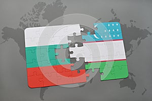 puzzle with the national flag of bulgaria and uzbekistan on a world map