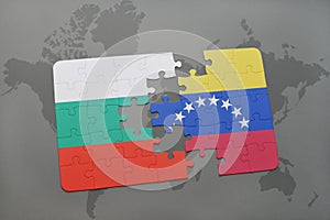 puzzle with the national flag of bulgaria and venezuela on a world map