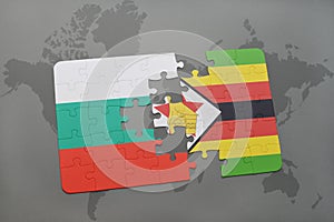 puzzle with the national flag of bulgaria and zimbabwe on a world map