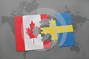 puzzle with the national flag of canada and sweden on a world map background.