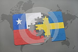 puzzle with the national flag of chile and sweden on a world map background.