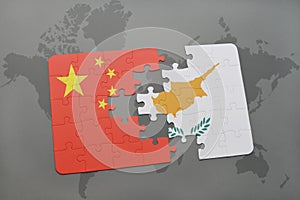 puzzle with the national flag of china and cyprus on a world map background.