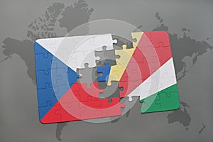 puzzle with the national flag of czech republic and seychelles on a world map