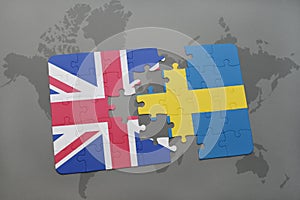 puzzle with the national flag of great britain and sweden on a world map background