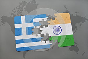 puzzle with the national flag of greece and india on a world map background.