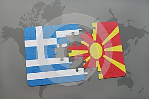 puzzle with the national flag of greece and macedonia on a world map background.