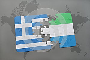 puzzle with the national flag of greece and sierra leone on a world map background.