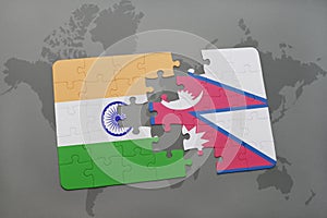 puzzle with the national flag of india and nepal on a world map background.