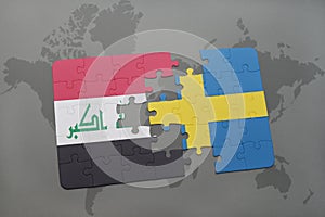 puzzle with the national flag of iraq and sweden on a world map background.